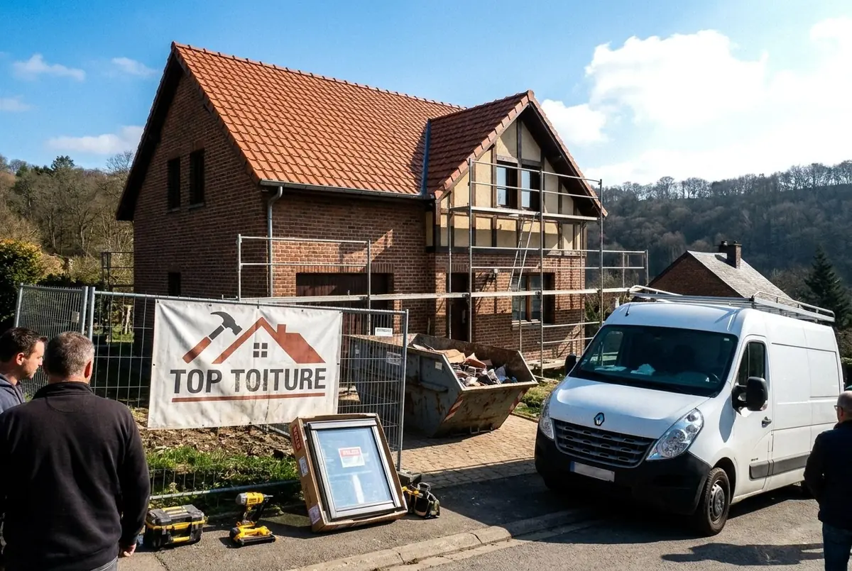 Maison en brique sous échafaudage avec la bâche Top Toiture et la camionnette devant, collines boisées derrière