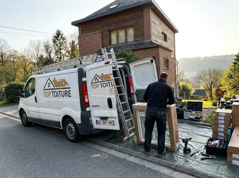Couvreur Top Toiture chargeant une fenêtre de toit dans la camionnette au petit matin